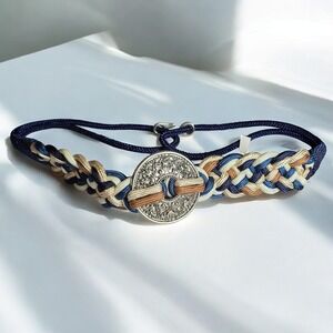 Braided Rope Belt Woven Blue Beige Brown‎ XL Large Medallion, Hook Closure 35"